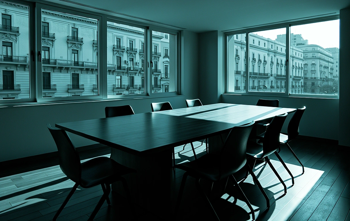 Mesa de directorio vacía con sombras proyectadas